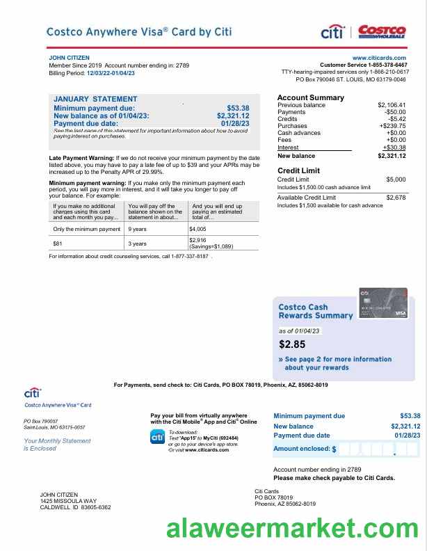 USA Citi bank card statement Word and PDF template, 2 pages
